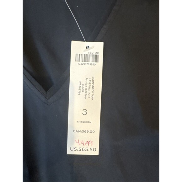 NEW Chicos tank Sleeveless Top size 3 women XL satin layer vneck Black - Picture 2 of 4
